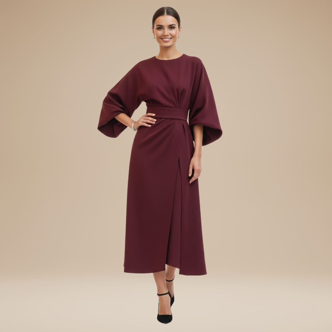 Comfortable & stylish women's belted wide sleeve wrap midi dress, perfect for sophisticated event wear.