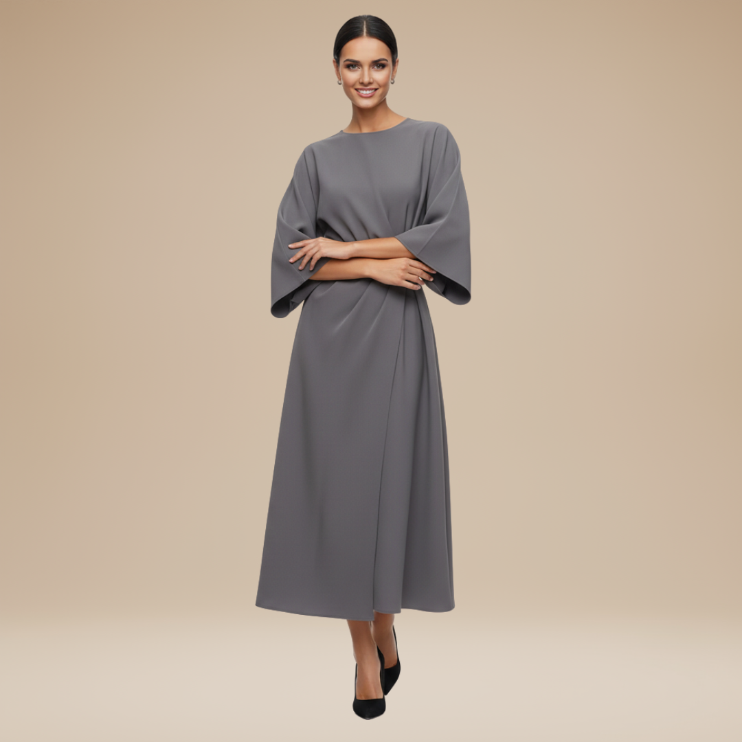Full length shot of a women's elegant long sleeve wrap midi dress, ideal for sophisticated formal occasions.