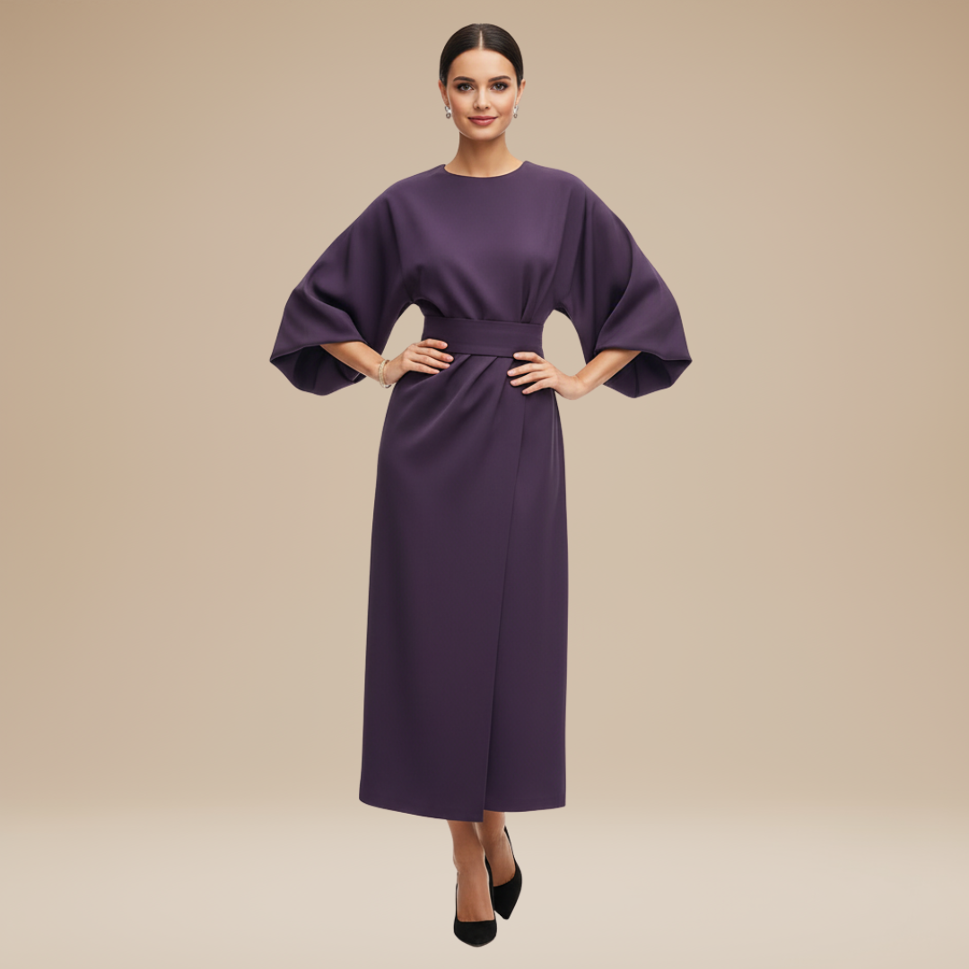 Stylish tie-belt detail on a women's sophisticated wide sleeve wrap midi dress for elegant occasion wear.