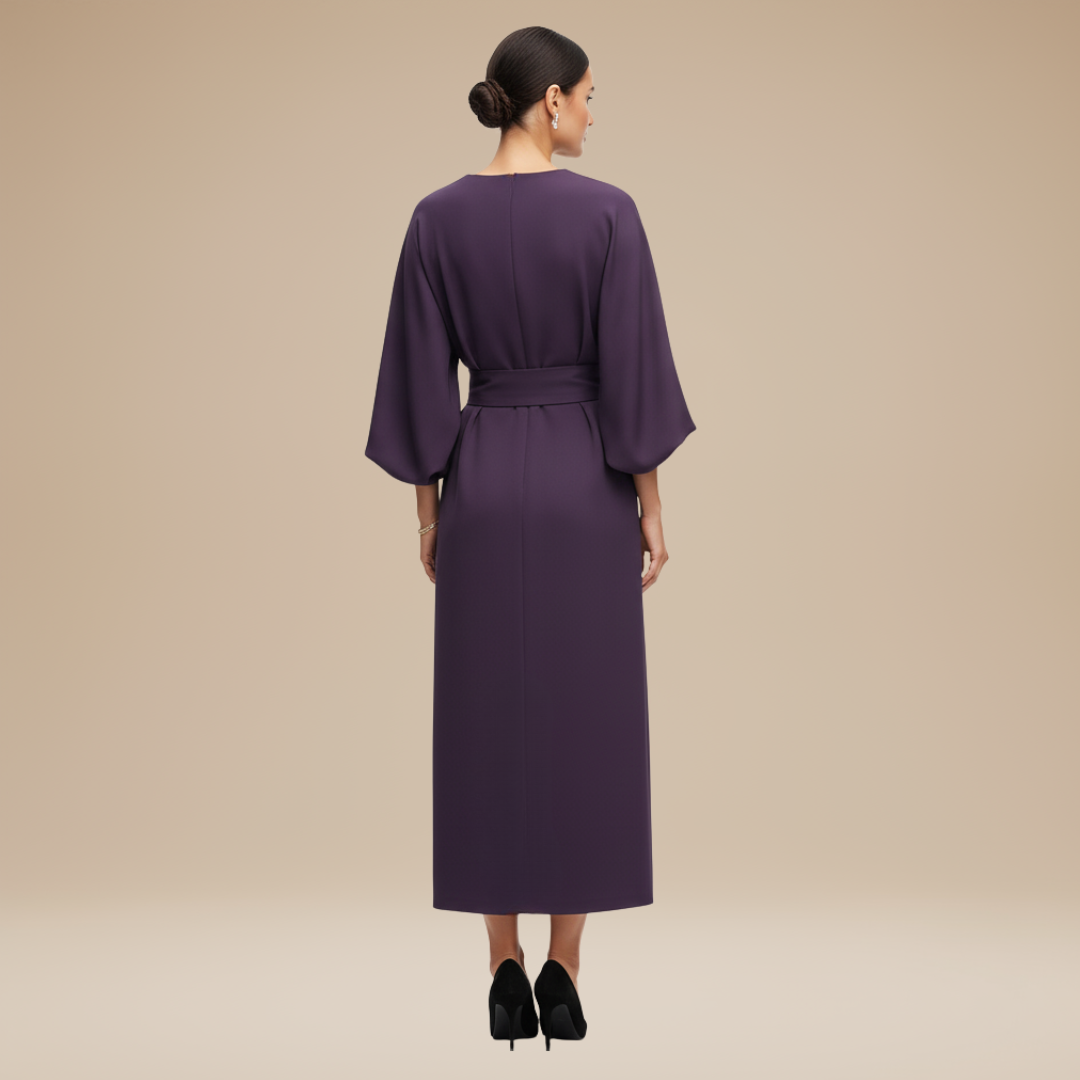 Women's elegant long sleeve wrap midi dress, perfect for outdoor formal events or classy party wear.