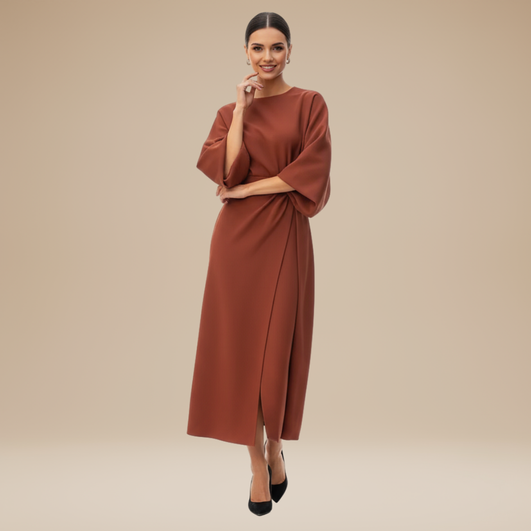 Women's sophisticated belted wide sleeve wrap midi dress, highlighting the flowing skirt for event wear.