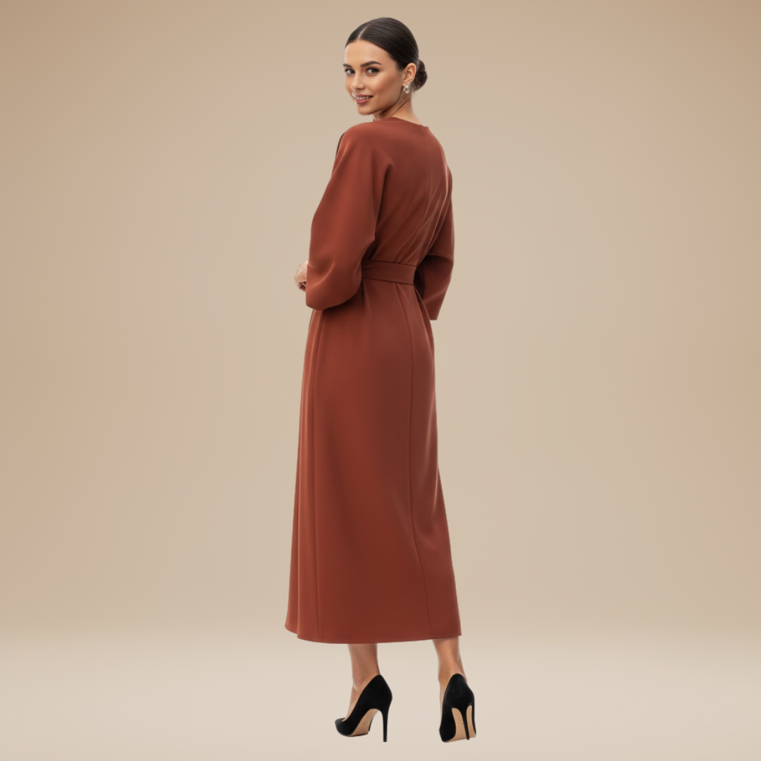 Lifestyle image: Women's elegant belted wide sleeve wrap midi dress, ideal for party & special event wear.
