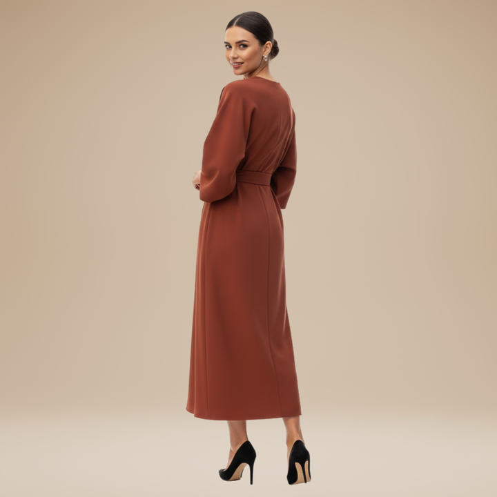 Lifestyle image: Women's elegant belted wide sleeve wrap midi dress, ideal for party & special event wear.