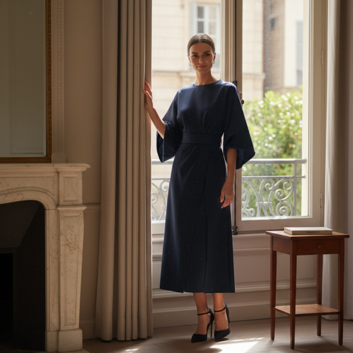 Close-up of the adjustable self-tie belt on a women's formal wide sleeve wrap midi dress.
