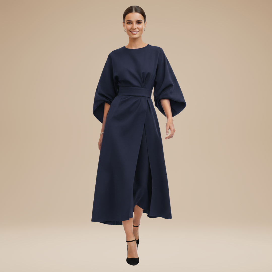 Back view of a stylish women's long sleeve wrap midi dress, featuring a flattering silhouette for parties.