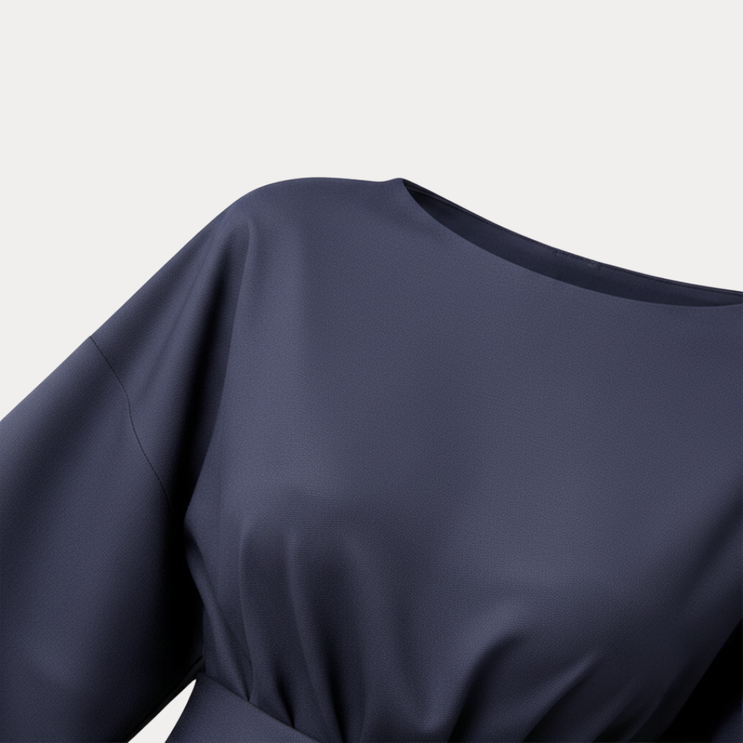 Model gracefully walking in a women's V-neck belted wide sleeve wrap midi dress, showcasing elegant movement.