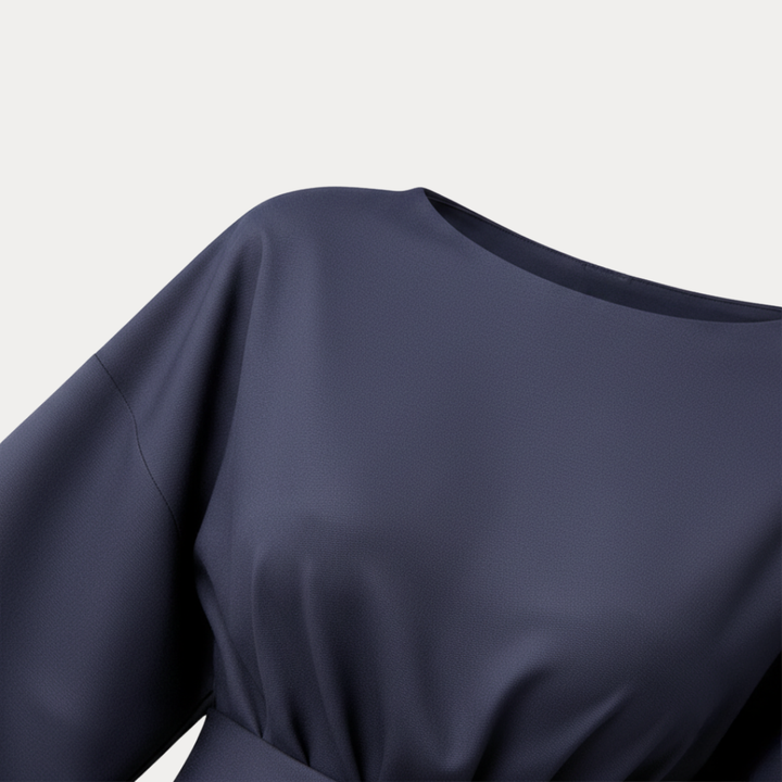 Model gracefully walking in a women's V-neck belted wide sleeve wrap midi dress, showcasing elegant movement.