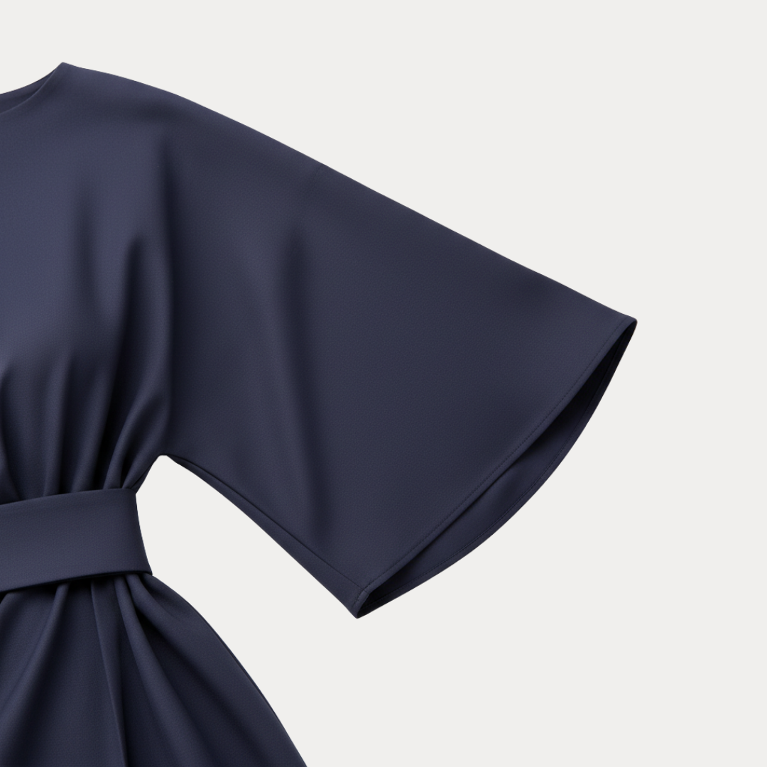 Detail shot of the wide, long sleeve on a sophisticated women's wrap midi dress, perfect for formal events.