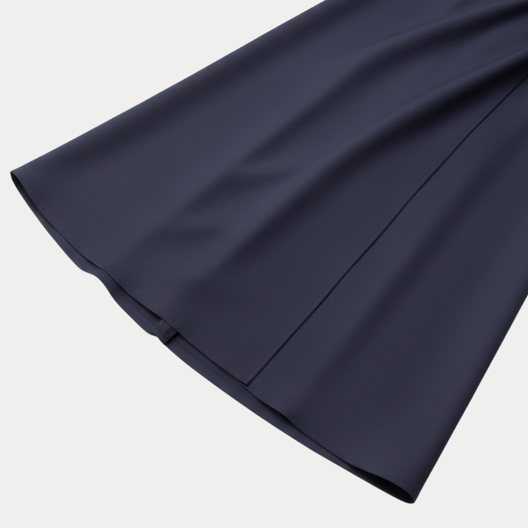 Fabric texture of a luxurious women's belted wide sleeve wrap midi dress, ideal for elegant occasion wear.