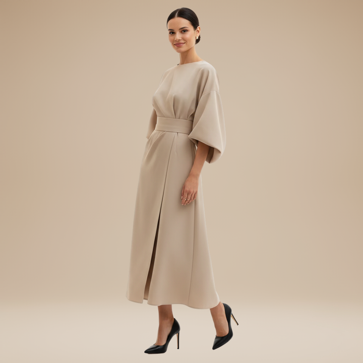 Women's formal belted wide sleeve wrap midi dress displayed on a hanger, ready for any elegant event.