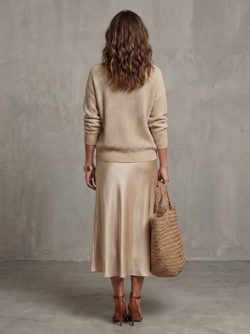 Elegant women's V-neck long sleeve top and bias cut midi skirt set for versatile fashion.