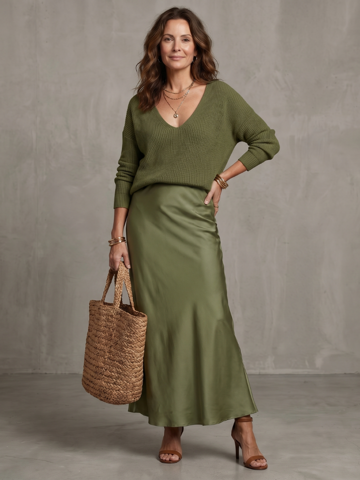 Sophisticated women's long sleeve V-neck top & elegant bias midi skirt matching set. Versatile.