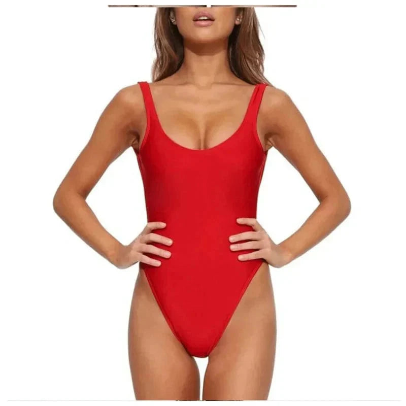 Sophisticated women's backless one-piece swimsuit. Chic and elegant swimwear for summer beach or pool days.