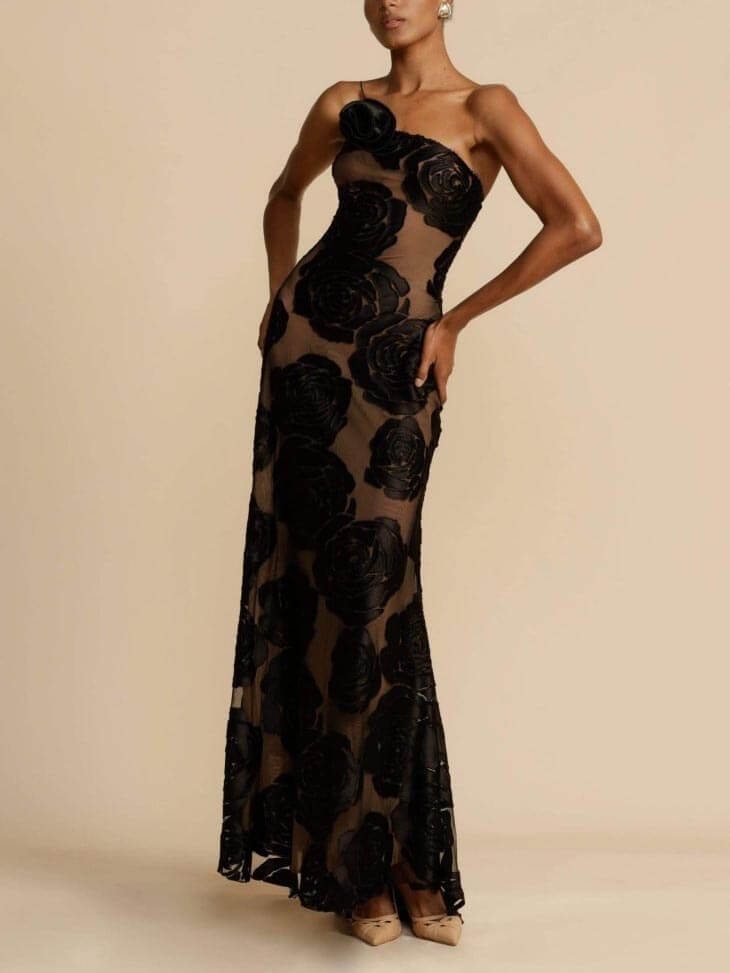 Stylish women's one-shoulder heather floral maxi dress for elegant summer events & party wear.