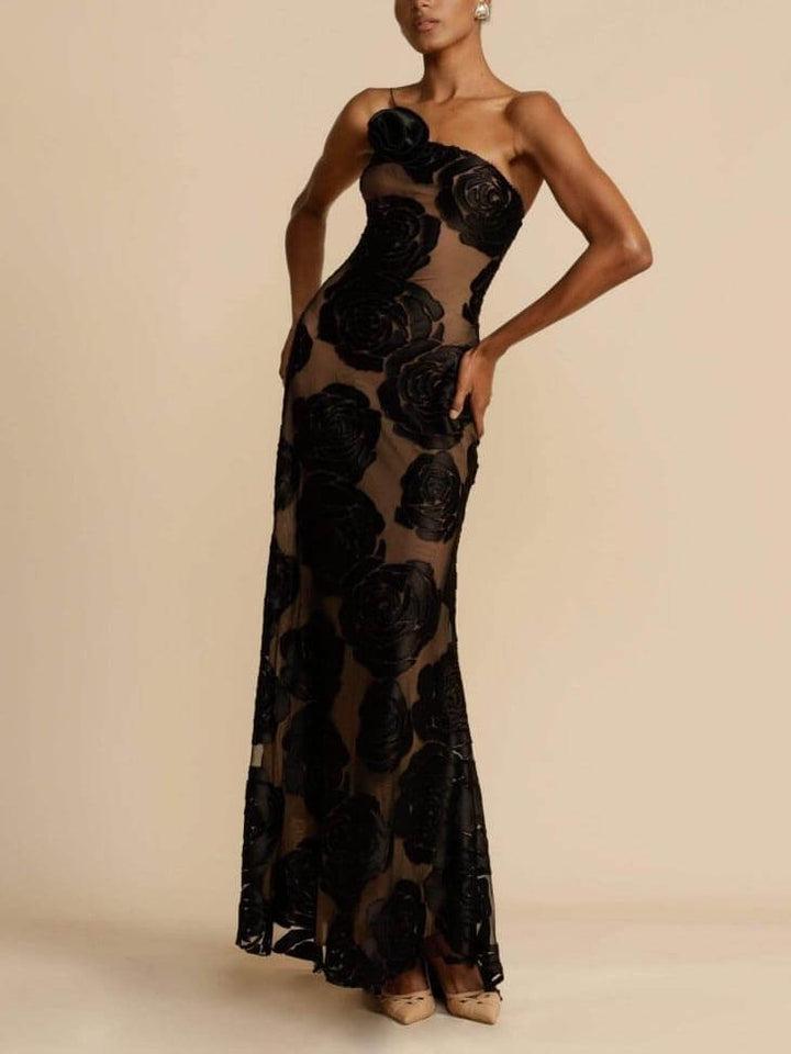 Stylish women's one-shoulder heather floral maxi dress for elegant summer events & party wear.