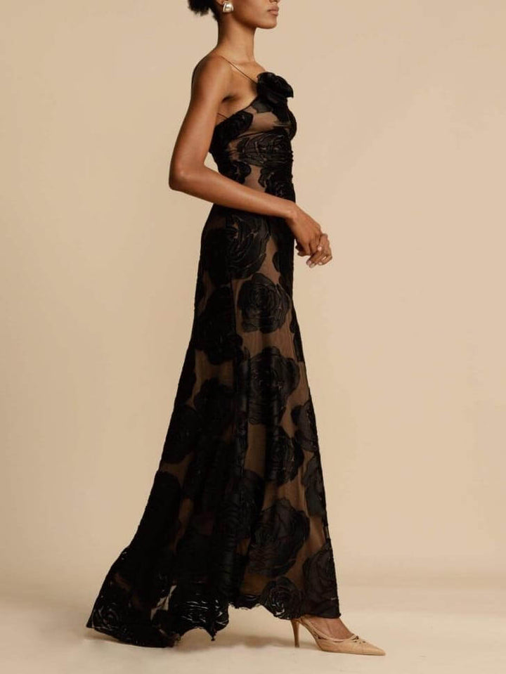 Black heather floral one-shoulder maxi dress, a chic and elegant choice for women's summer occasions.