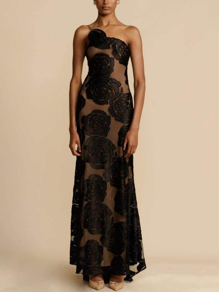 Beautiful women's floral one-shoulder maxi dress with heather texture, ideal for sophisticated party looks.