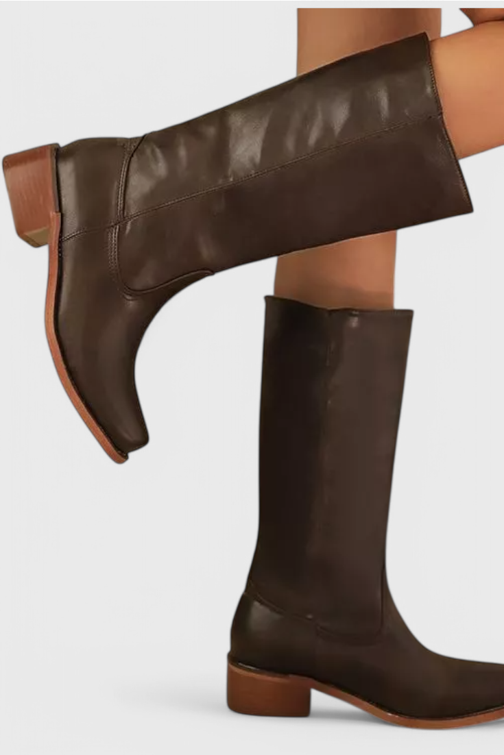 Women's elegant black leather knee-high heeled boots for chic fall and winter fashion.