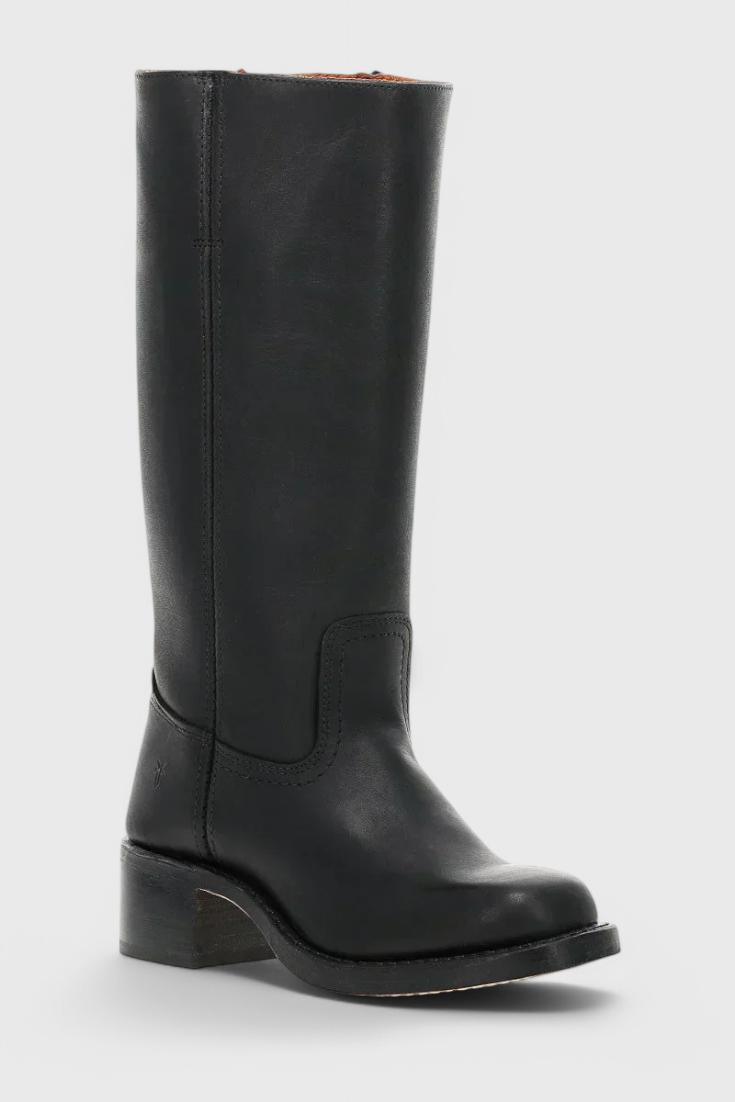 Classic women's leather knee-high boots, high heel, essential elegant footwear for modern style.