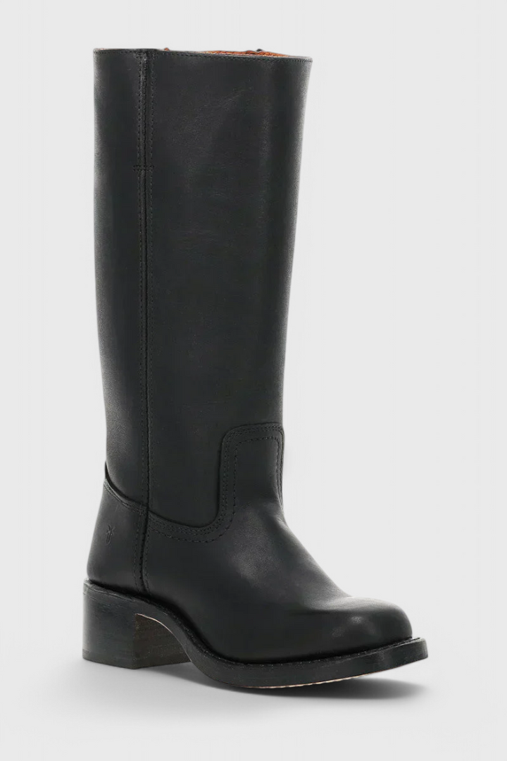 Classic women's leather knee-high boots, high heel, essential elegant footwear for modern style.