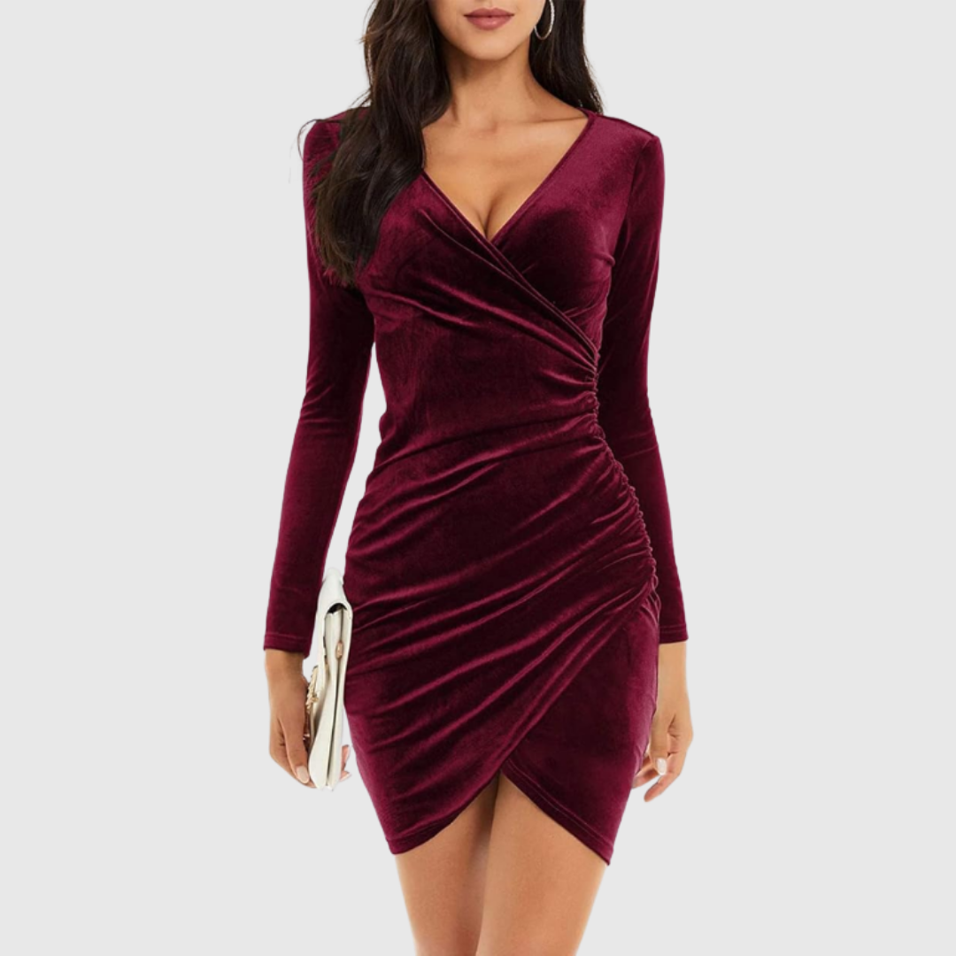 Women's elegant black mini party dress with flattering V-neck & long sleeves, perfect for evening & cocktail events.