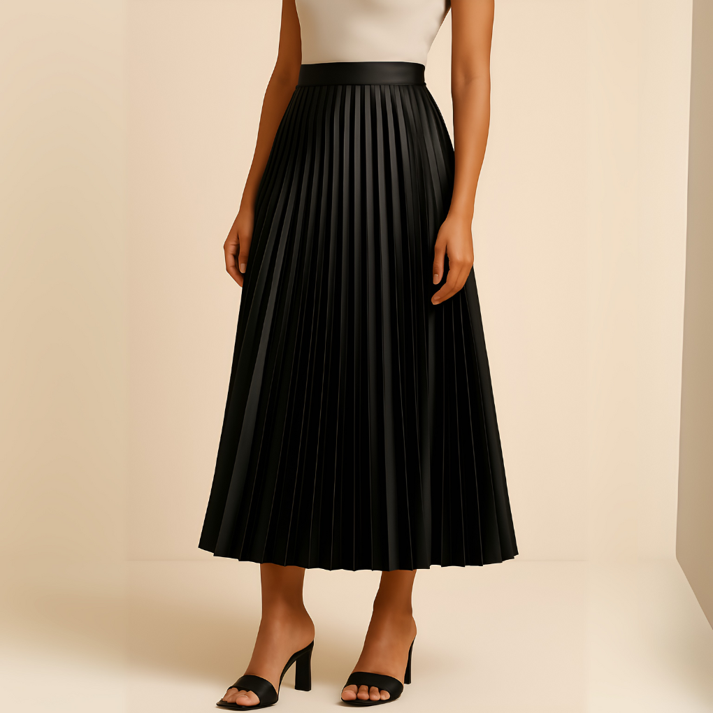 Women's elegant black pleated high-waist midi skirt, perfect for office or events.
