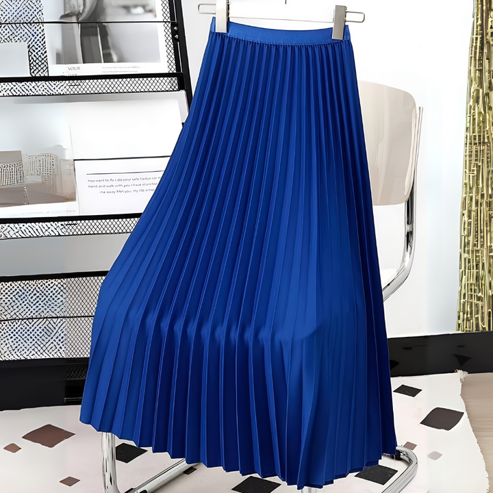 Stylish women's blue pleated midi skirt with a flattering high-waist, suitable for various occasions.