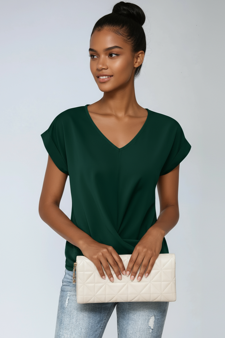 Comfortable women's black V-neck blouse with short sleeves, an elegant and versatile top for any occasion.
