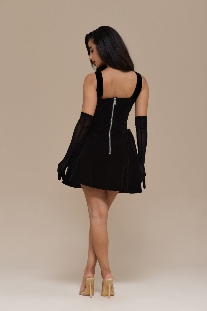 Women's formal black velvet mini dress, ideal for cocktail parties, with an elegant fit & flare style.