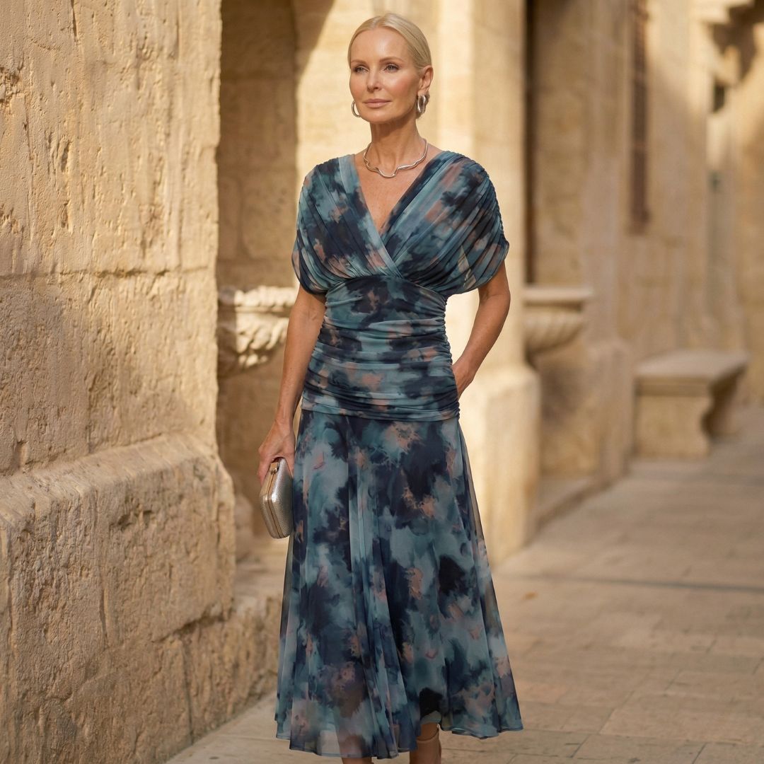 Women's elegant blue watercolor midi dress with flowing V-neck & batwing sleeves, perfect for special occasions.