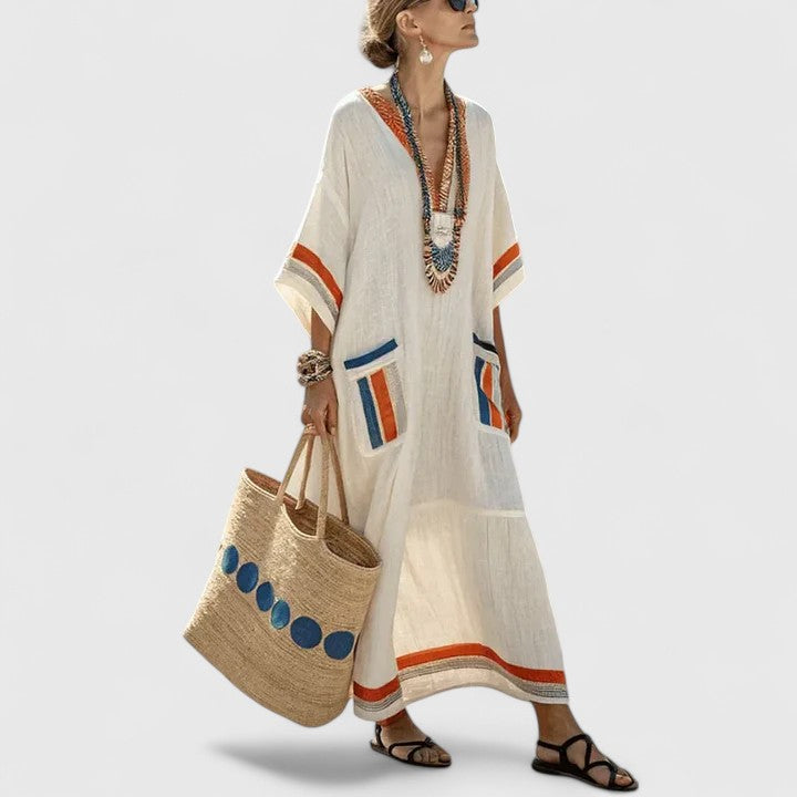 Casual women's long bohemian maxi dress for summer days, resort fashion, and elegant vacation wear.