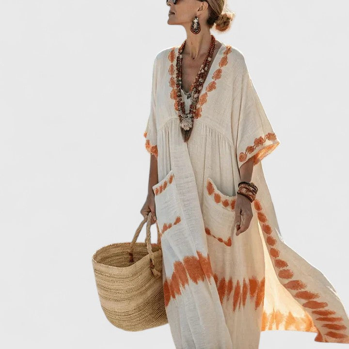 Flowy casual women's maxi dress, bohemian style, perfect for relaxed summer days & comfortable wear.
