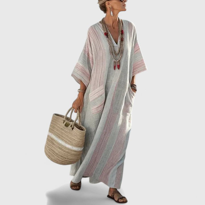 Loose fit women's bohemian day dress, an elegant maxi length for comfortable and stylish summer days.