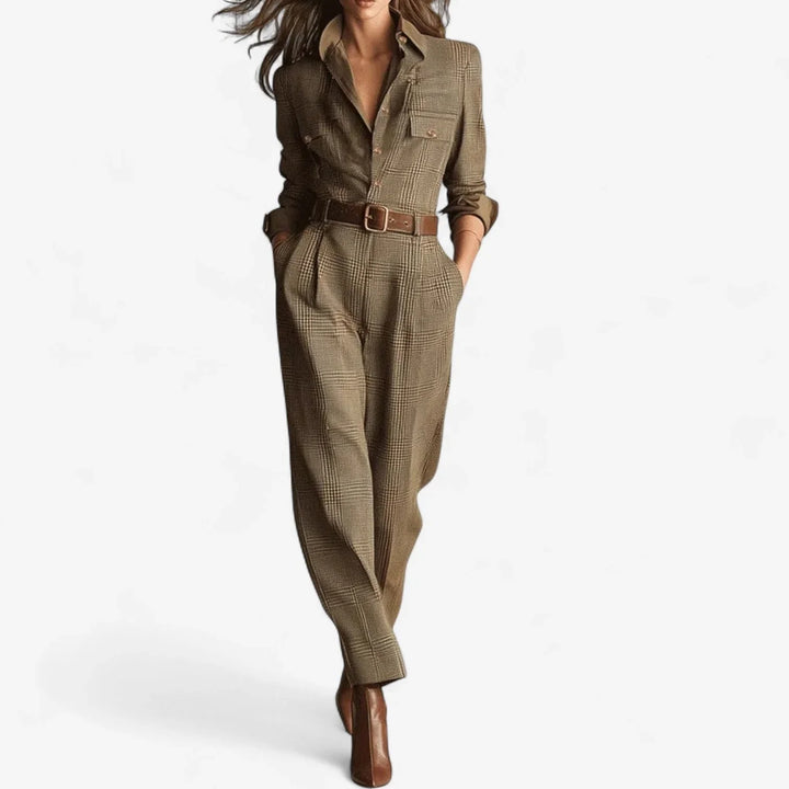 Women's elegant brown plaid wide-leg jumpsuit with stylish button-front and classic collar, perfect for chic fashion.