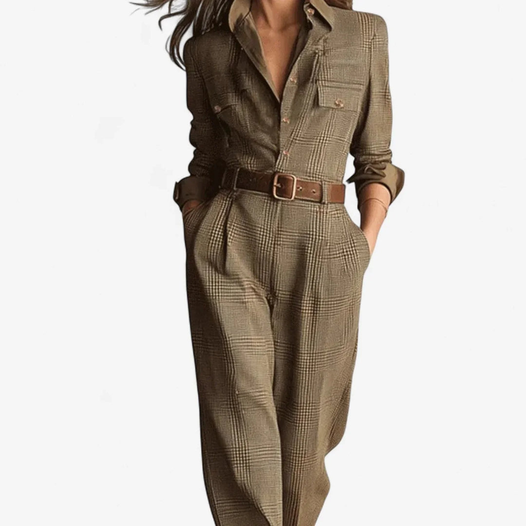 Chic women's one-piece plaid jumpsuit featuring a sophisticated button-front, collared neckline, and elegant wide legs.