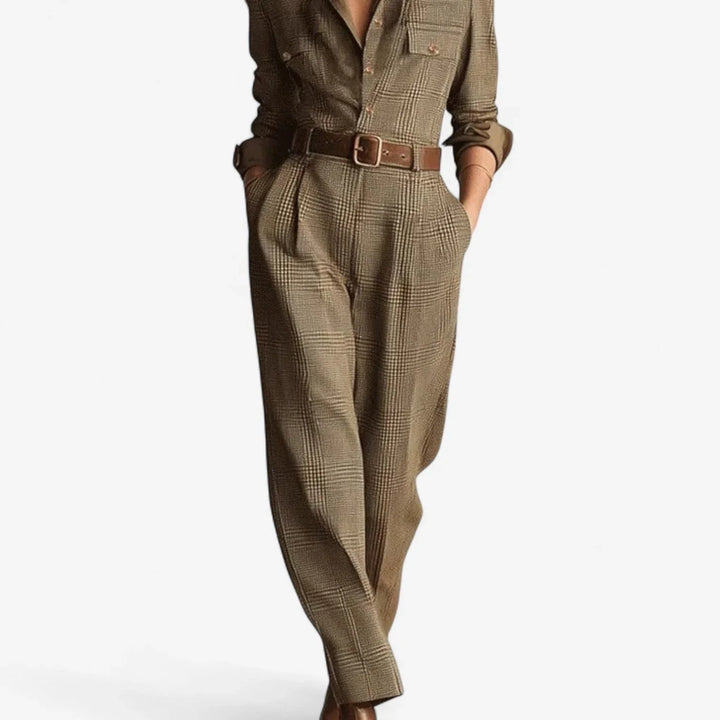 Brown plaid wide-leg jumpsuit for women with a trendy button-front, sharp collar, and comfortable, elegant design.