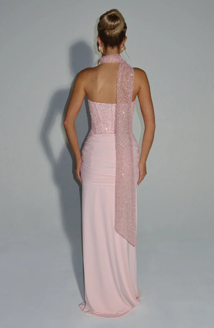 Elegant pink strapless corset maxi dress, women's party wear, perfect for wedding guests.