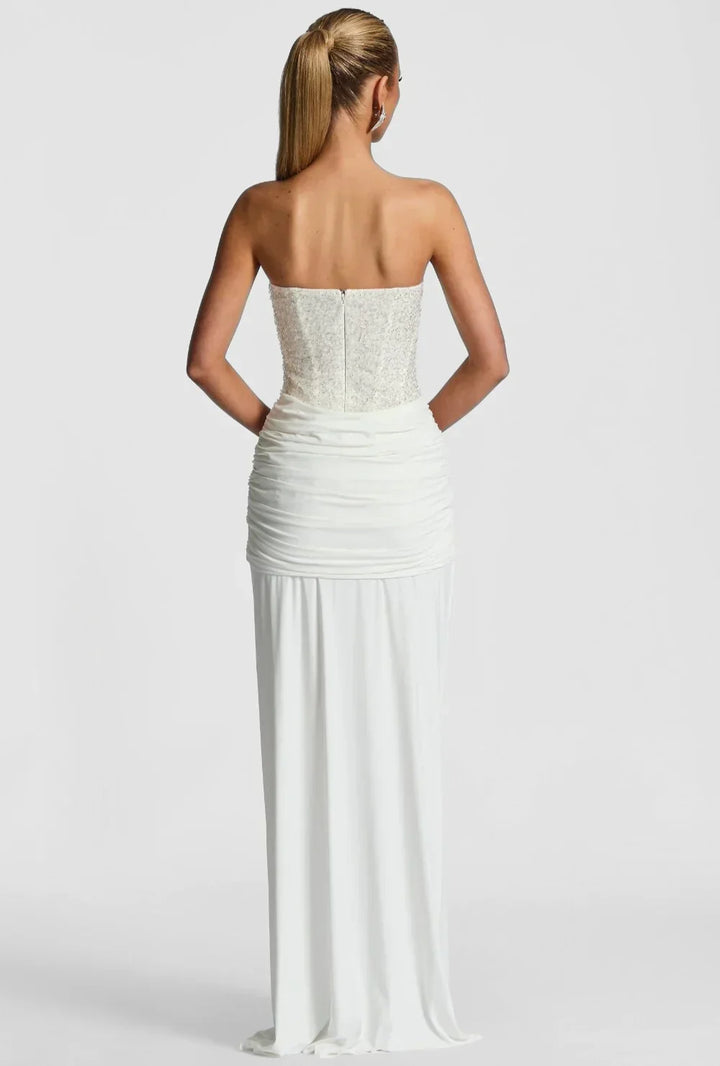 White strapless corset maxi gown for women, a beautiful elegant formal dress for evening events.