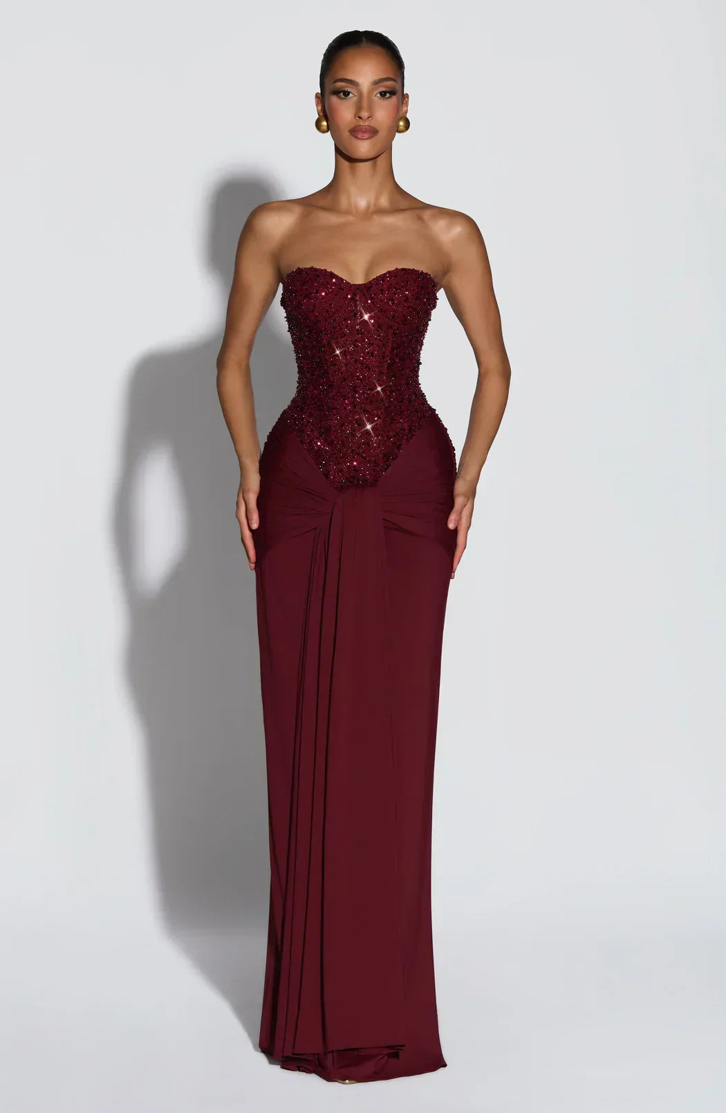 Elegant red strapless corset maxi dress, women's evening gown for parties & formal occasions.