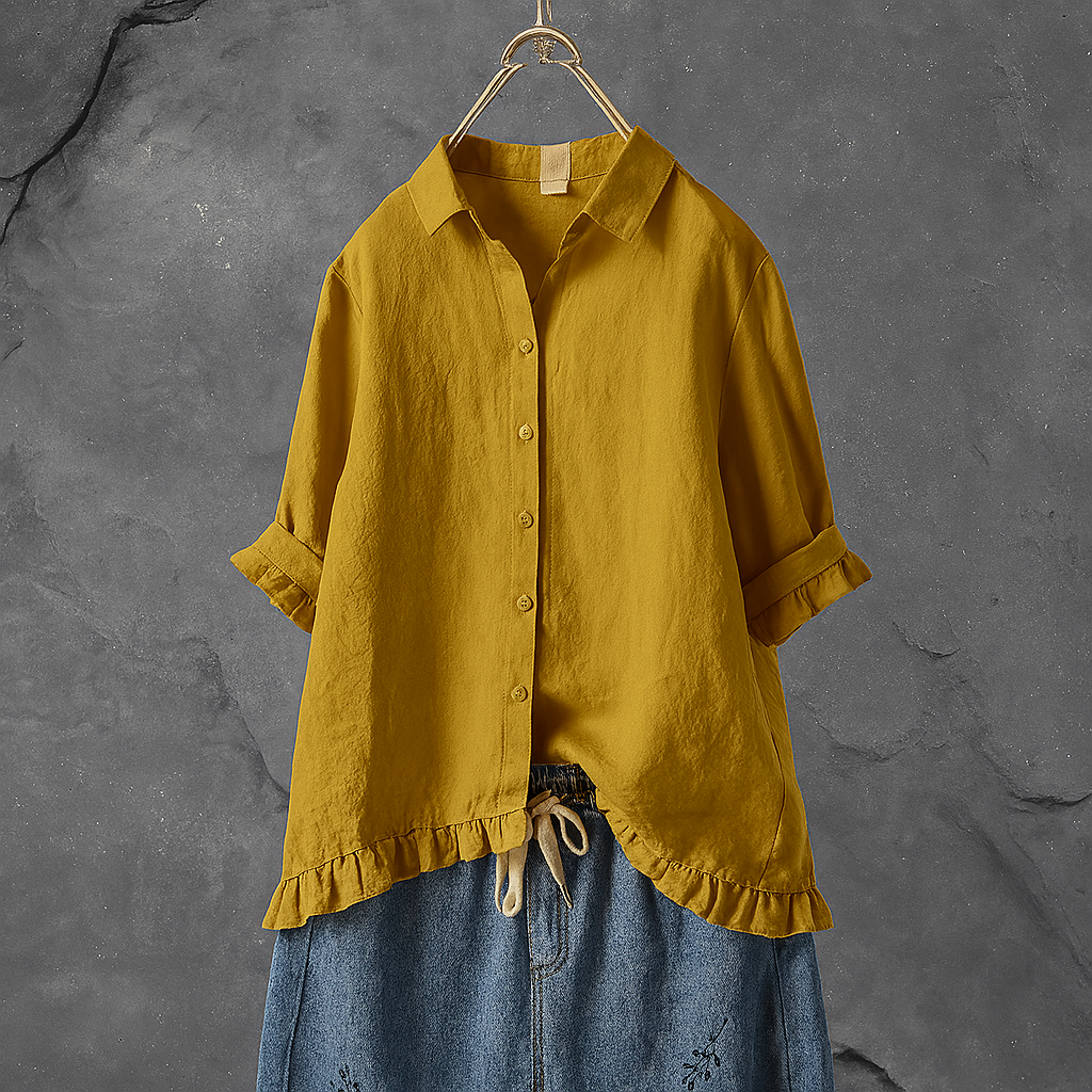 Women's elegant button-down blouse with stylish ruffled hem, perfect for office wear or casual chic summer outfits.