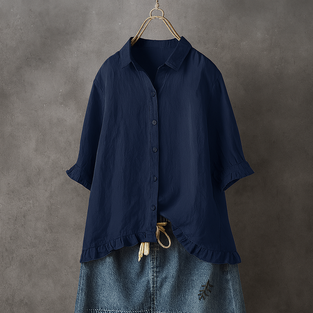 Fashionable women's long sleeve button-down blouse with ruffled hem, a breathable and elegant top for summer or office.