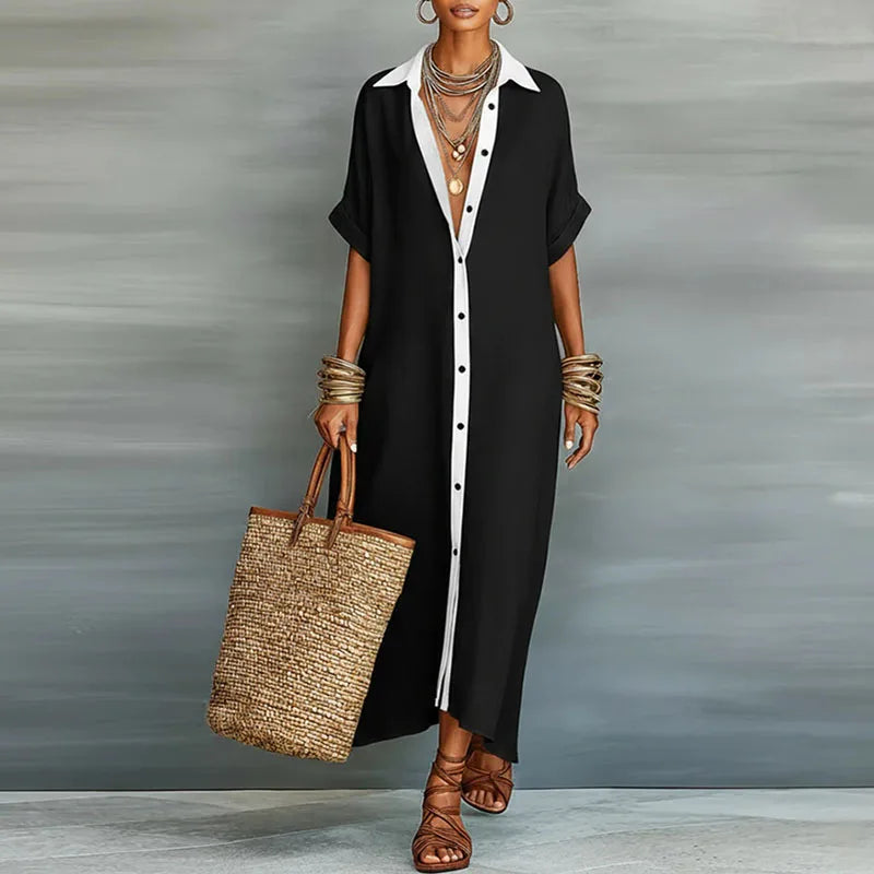Stylish women's maxi shirt dress with full button-down front, suitable for a chic casual or elegant look.