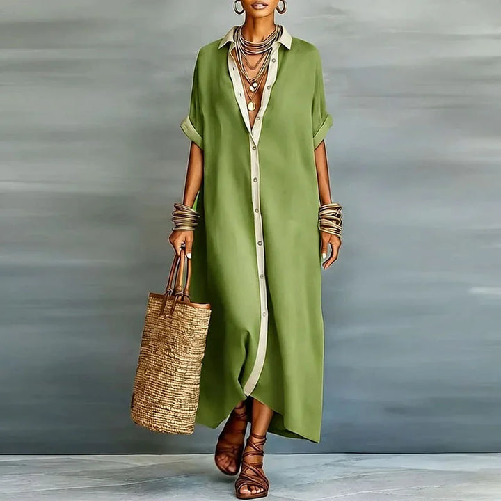 Flowy women's long button-down maxi dress, a comfortable and elegant choice for summer fashion.