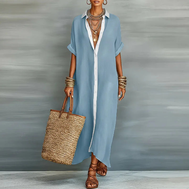 Classic button-down maxi shirt dress for women, offering relaxed yet sophisticated casual summer style.