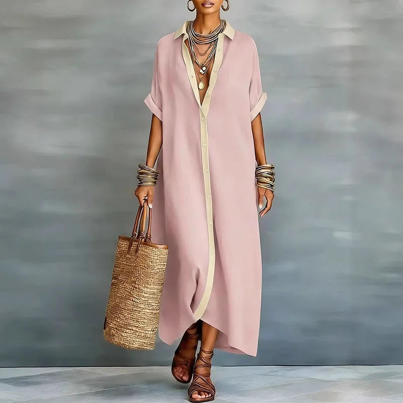 Elegant long button-down shirt dress, a versatile women's maxi perfect for resort wear or summer events.