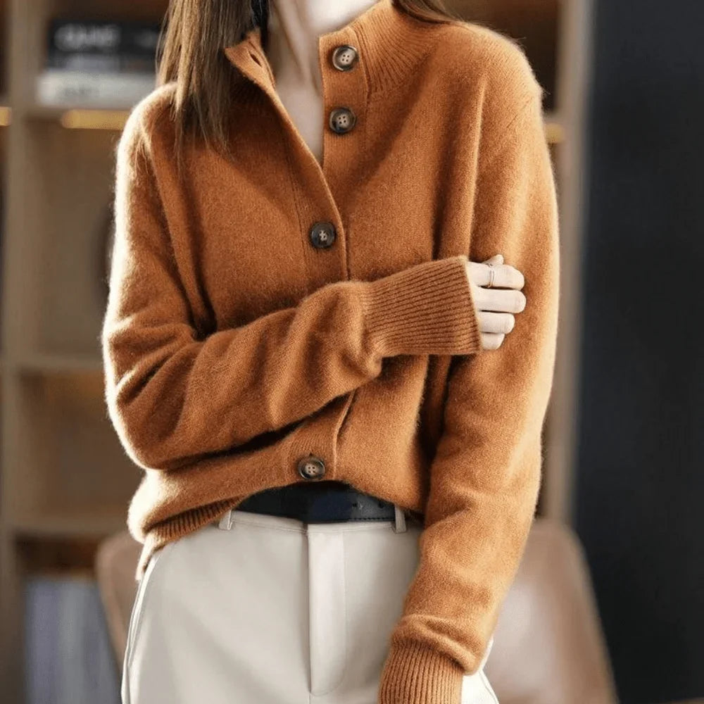 Women's elegant button-front knit cardigan sweater with a stylish stand-collar, perfect for autumn layering.
