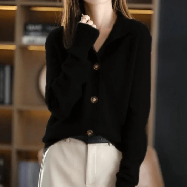 Comfortable women's button-front knit cardigan sweater. Soft texture, warm stand-collar. Essential for autumn & winter fashion.