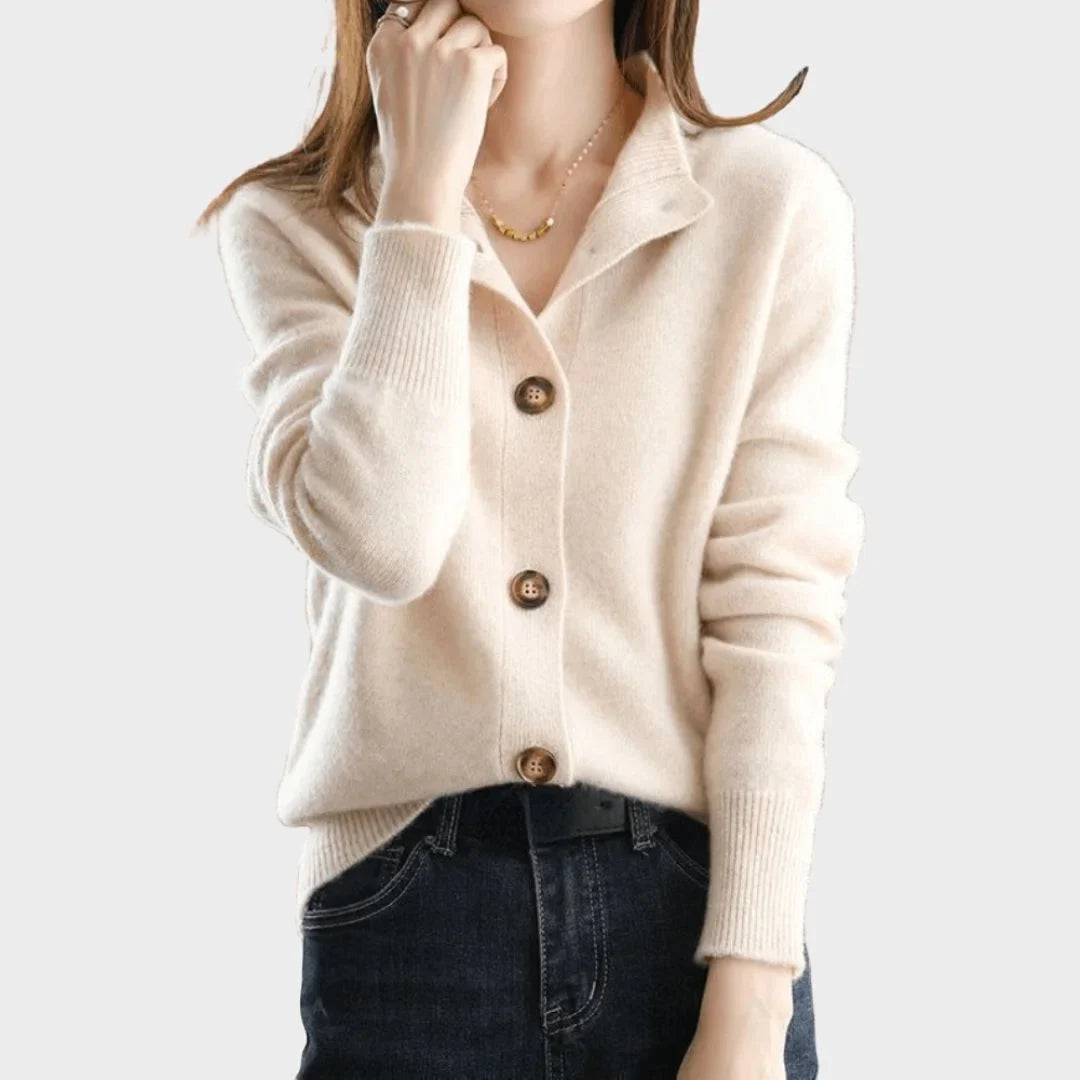 Versatile women's stand-collar knit cardigan, featuring a classic button-front. Perfect for comfortable, elegant autumn styling.