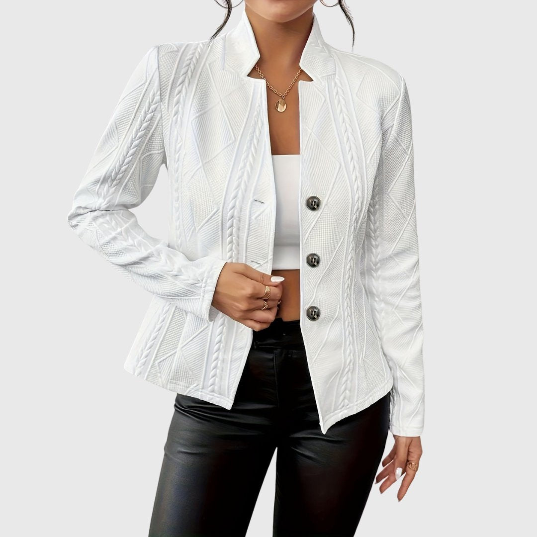 Women's elegant cable knit tailored blazer, button-front, perfect for office & smart casual wear.