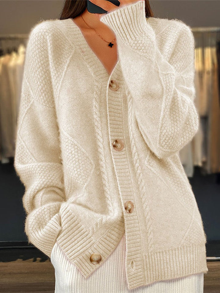 Women's elegant cable knit V-neck cardigan sweater with long sleeves & button front, perfect for stylish layering.